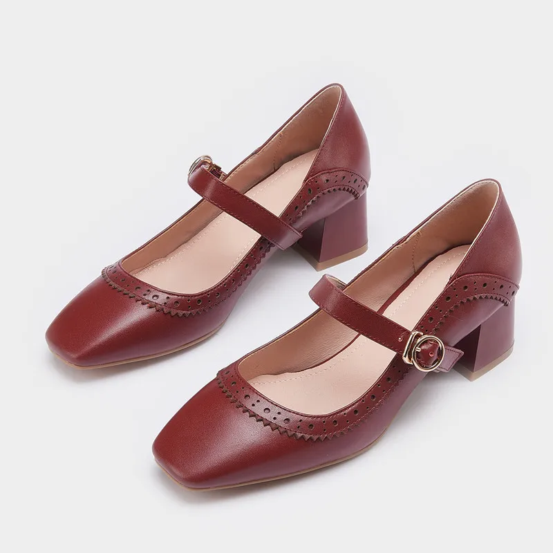 Falazoe Mary Janes Heels Genuine Leather Retro Brogue Low Chunky Heel Pumps Burgundy Spring Autumn Shoes Female 2022 New | Обувь
