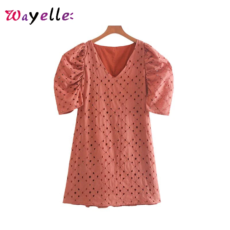Women Mini Dress V Neck Half Puff Sleeve Women Dress Hollow Out Embroidery Retro Dresses Womens 2019 Solid Elegant Chic Dresses