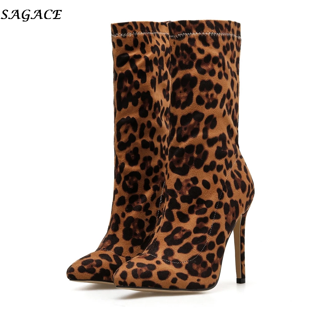 

SAGACE autumn high heels boots women Fashion Leopard Printed Stiletto Heel ladies Sexy Pumps Pointed-Toe Boots shoes woman #4Z
