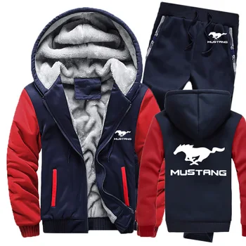 

Hoodies Men Mustang Car Logo Mens Hoodies Suit Winter Thicken Warm Fleece cotton Zipper Tracksuit Mens Jacket+Pants 2Pcs Sets