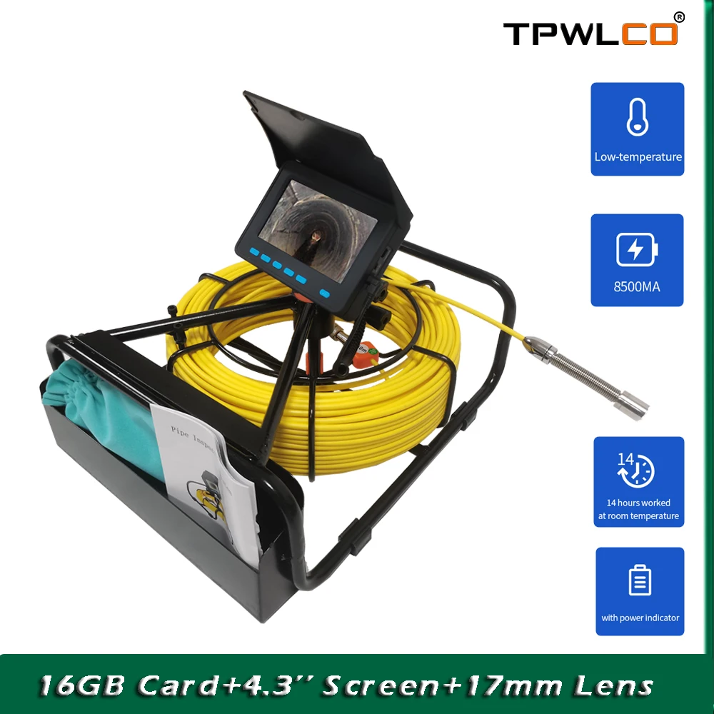 

17mm Pipe Sewer Video Inspection Camera 16GB SD Card With DVR Snake Professional Endoscope Inudstrial System 4.3'' Screen 10-50m