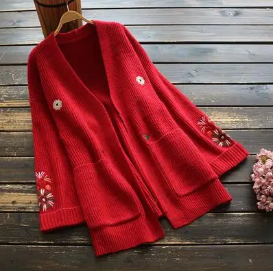 Винтажный женский свитер Хлопковый вязаный кардиган с вышивкой свите с длинными рукавами осеннее модное Свободное пальто YoYiKamomo - Цвет: Красный