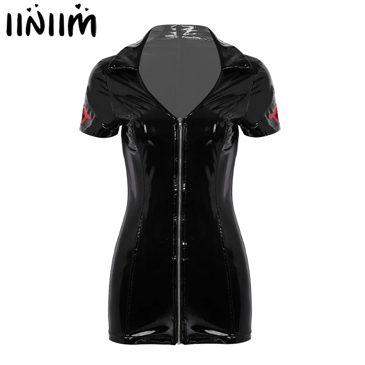 

iiniim Women Ladies Fashion Wetlook Leather V-neck Sexy Clubwear Front Zippered Bodycon Mini Dress Night Party Cocktail Dress