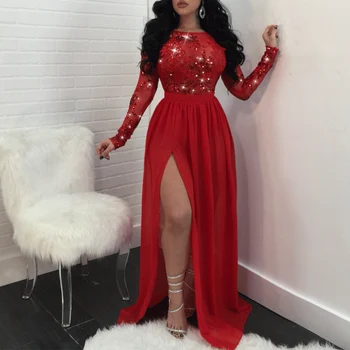

DYMADE Elegant Bridesmaid Dresses Lace Stitching Floor-Length Wedding Party Dress Formal Sequined Split Red Dress Prom New Q30
