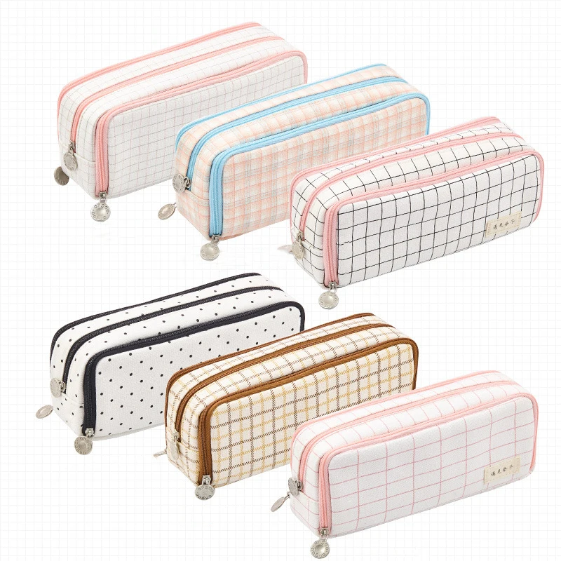 Cute Grid Pencil Case Kawaii Canvas Pencil Case Bag For Students Large Capacity Stationery Pouch Creative School Supplies New