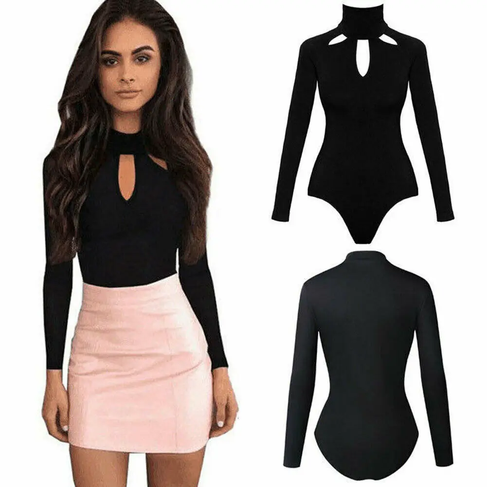 Mono de cuello tortuga manga larga para mujer, peto elástico, Bodycon, Top, blusa, monos