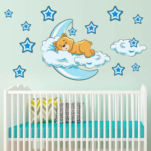 

Cute Moon Star Bear Wall Sticker Nursery Kids Baby Room Vinyl Decal Removable Sleeping Bear Moon Stars Space Mural Nursery Decor