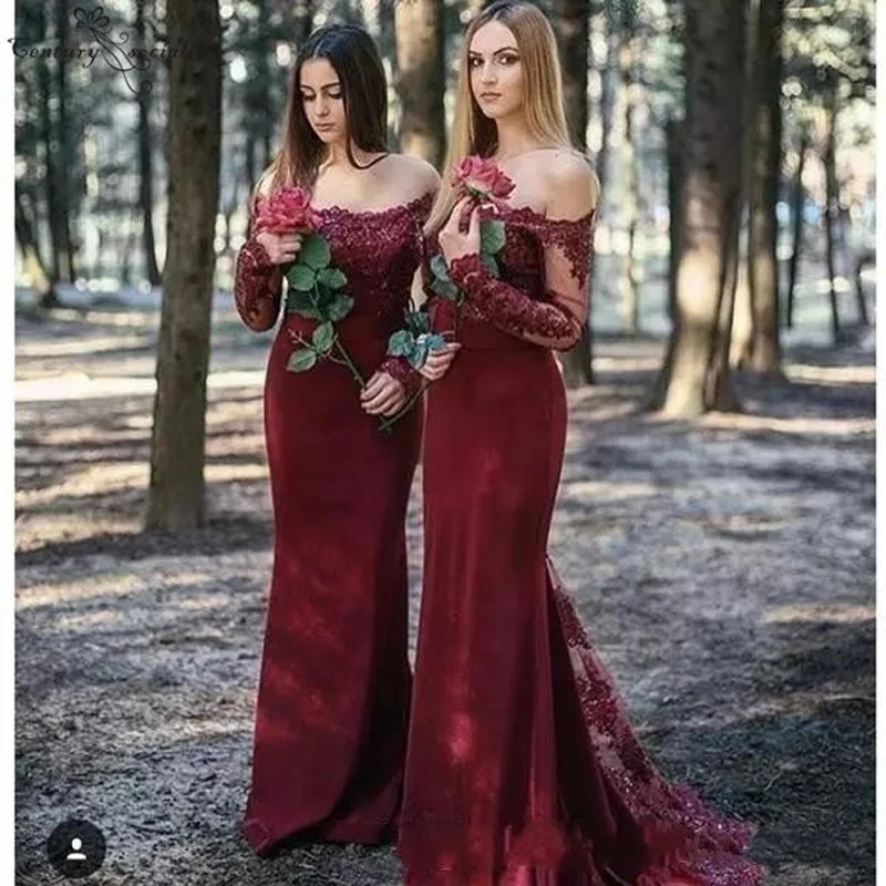Бордовые, с длинными рукавами, платье подружки невесты, платья 2019 кружево Аппликация с открытыми плечами платье фрейлины платье для