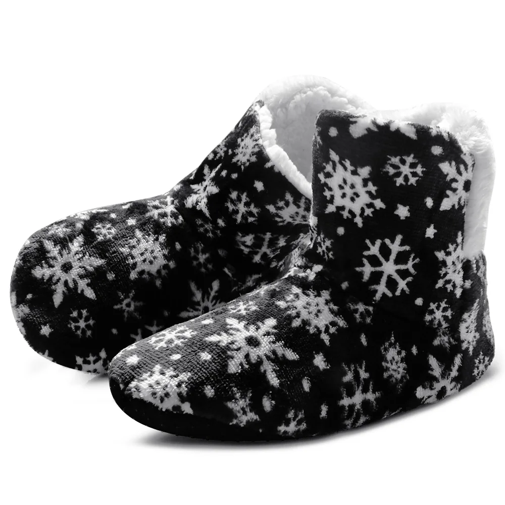 Зимние домашние тапочки; женская домашняя обувь; меховые шлепанцы; теплые пушистые тапочки со снежинками; Рождественская домашняя обувь; Pantuflas De Mujer - Цвет: black