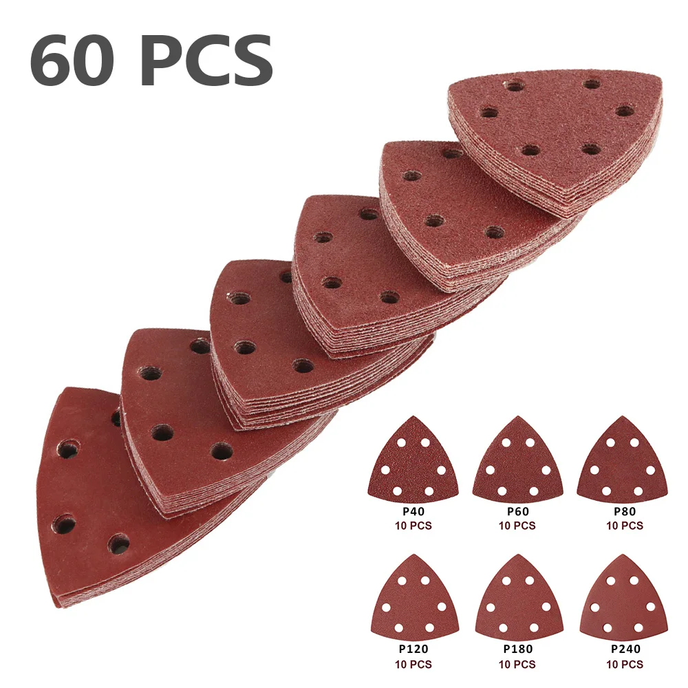 

60PCS 6 Hole Velcro Sanding Triangular High Quality Sanding Discssand Abrasive Paper Sheets for Polishing Furniture and Metal