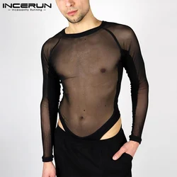 New Men's Comfortable Loungewear Onesies Male Fashion All-match Thin Long Sleevee Suits Transparent Jumpsuits S-5XL INCERUN 2021