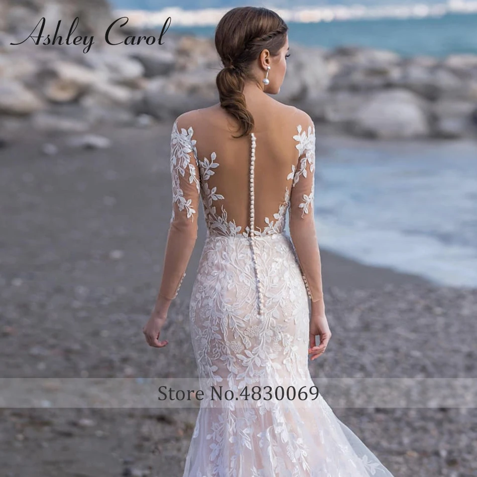 Ashley Carol Mermaid Wedding Dress Romantic Backless Appliques Long Sleeve Sweetheart Beach Bridal Gown Vestidos De Novia 4