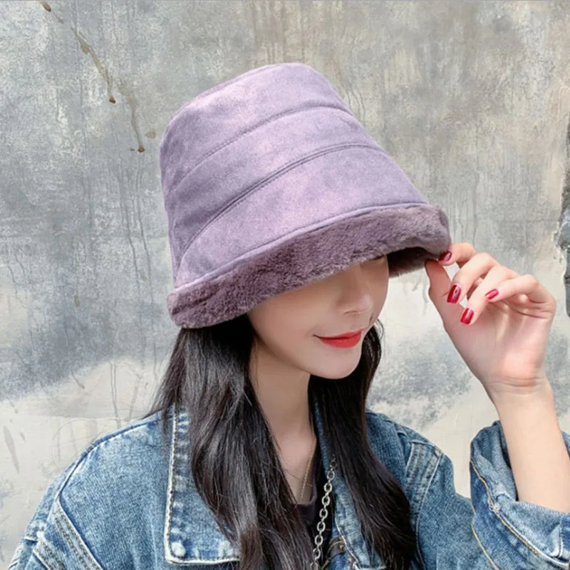 Fashion Winter Faux Fur Bucket Hats for Women Girl Solid Color Plush velvet Warm Panama Black White Fisherman bucket Hats Bob