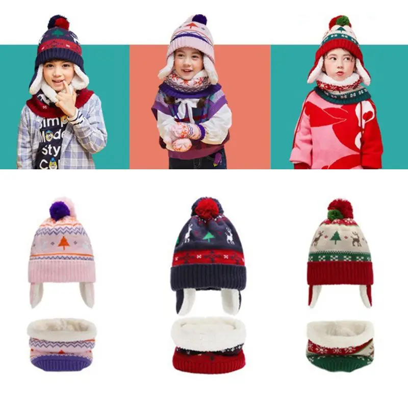 3 шт./компл. Дети Рождество контраст Цвет помпоном шапки-ушанки шапочка-шарф перчатки для деовчек с рисунком снежинок и оленей Термальность подкладка теплее