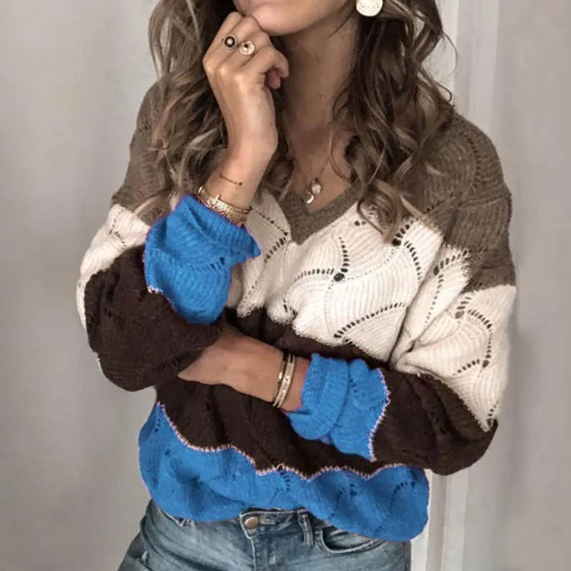 Winter Patchwork Sweater Women Autumn casual o neck Long Sleeve Knitted Sweaters Female New Loose Sweater pullovers dropshipping
