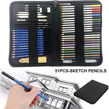 

51Pcs/Set Drawing Kit Wood Pencil Sketching Pencils Art Sketch Painting Supplies with Carrying Bag
