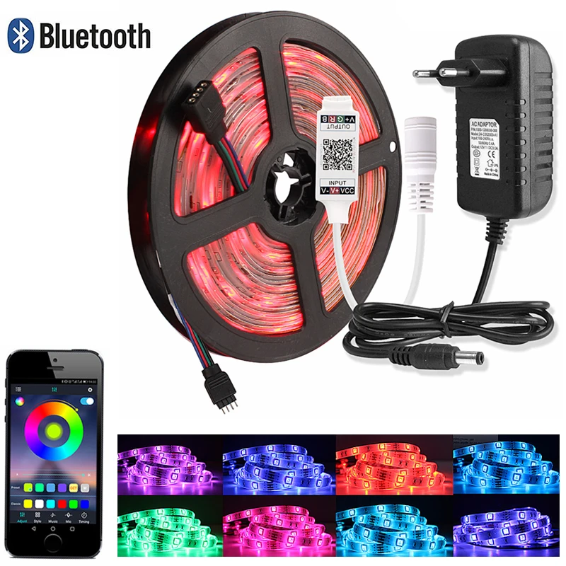 buy 5M LED Strip 2835 SMD Waterproof Flexible Diode Tape RGB Backlight Ribbon Light Ledstrip with Bluetooth Controller DC12V Adapter
