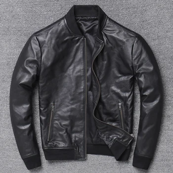 

Genuine leather baseball uniform Coat Cowhide Lear Male Locomotive Collar Cow leather Man Pure moto Jacket