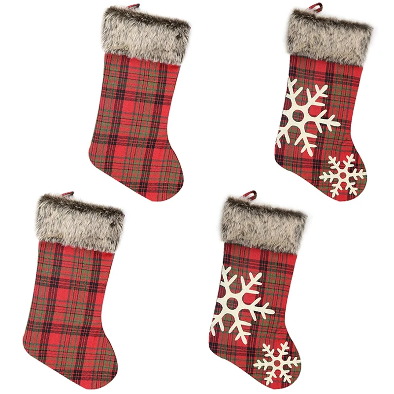 

Christmas Stockings 4 Pieces of Burlap with Large Plaid Snowflakes and Plush Cuffs Stockings, Suitable for Family Holiday Christ