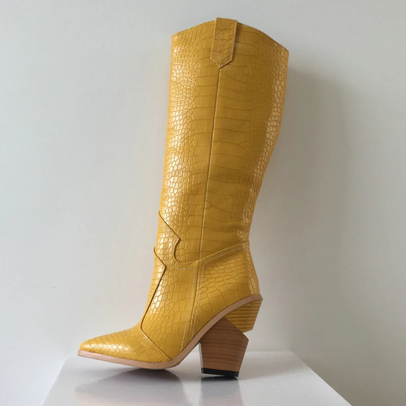 

Women Long Boots Block Wedges High Heel 10.5CM Shoes Pointed Toe Autumn Winter Female Snake Print Boots-Women BT13