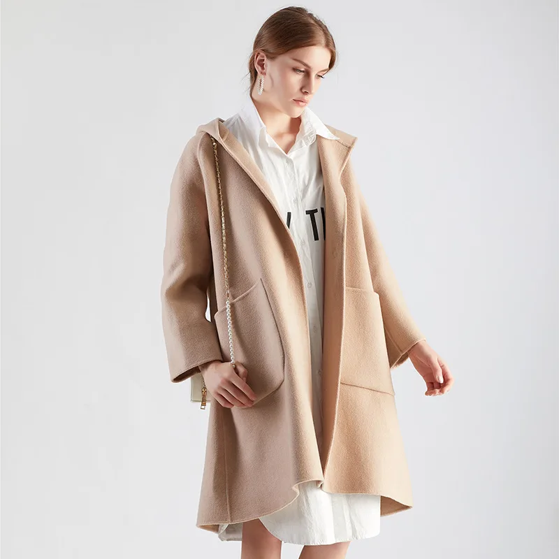 

2019 Autumn And Winter New Style Cashmere Coat Women's Korean-style Casual Double-faced Woolen Goods Wool Coat Solid Color Hoode