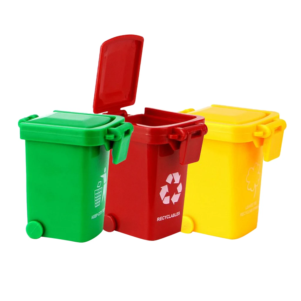 3 Pieces Mini Curbside Trash and Recycle Can Set Pencil Cup Holder Multicolored