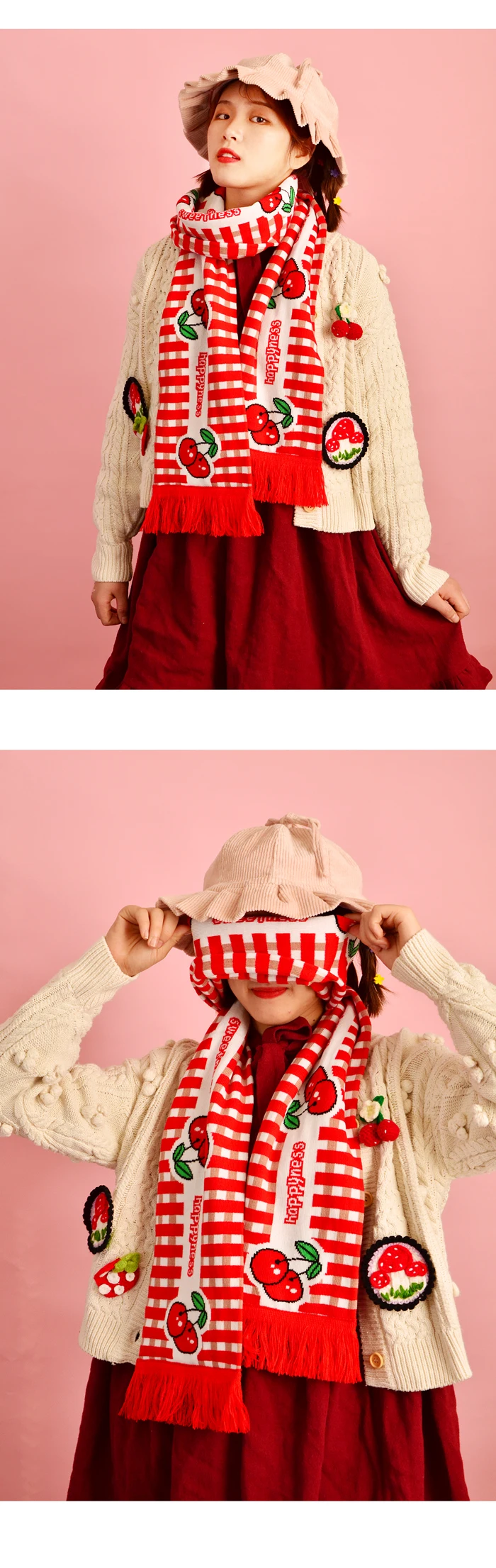 Cartoon Corgi Winter Women Scarf Long Scarf Tassel Soft Warm Scarves Female Cute Cherry Scarves
