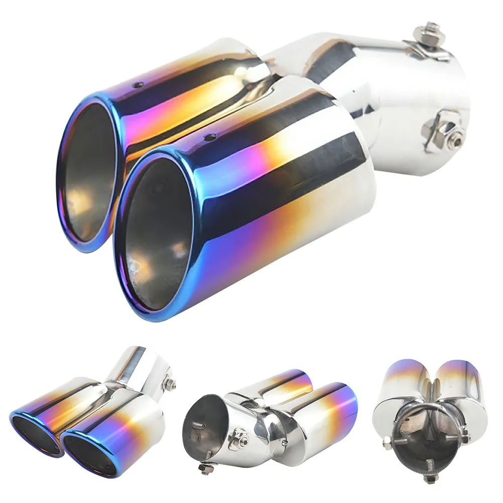 1 To 2 Universal Car Stainless Steel Blue Rear Tail Throat Chrome Trim Muffler Tip Replacement Dual Exhaust Pipe Tailpipe