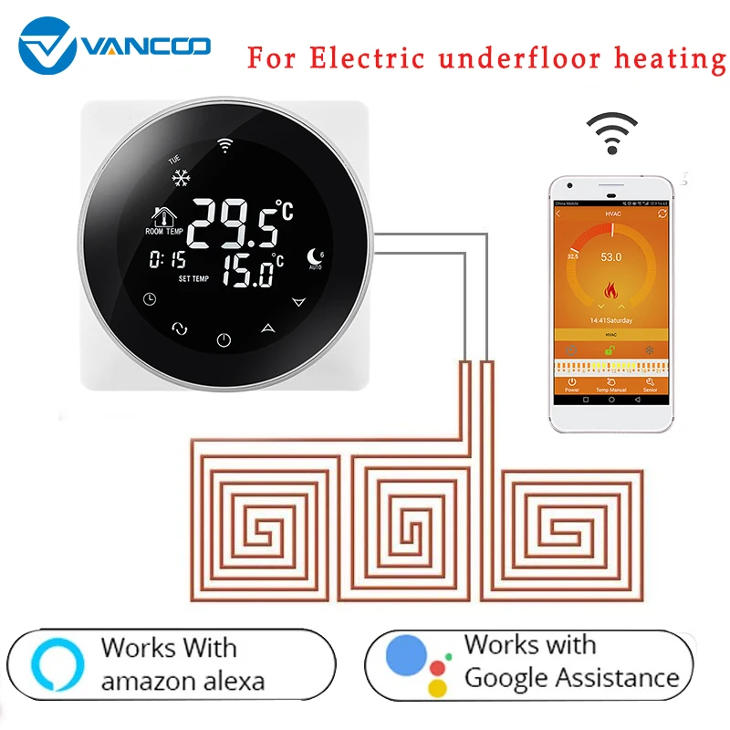 

LCD Touch Screen Electric Underfloor Heating Thermostat Backlight WIFI Temperature Controller 16A Works with Alexa Google Home