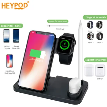 

HEYPOD Fast Qi 4 In 1 Wireless Charger Dock Holder Pad for Samsung S10 S8 Plus Note 8 9 Charging For Airpods Apple Watch 5 2 1