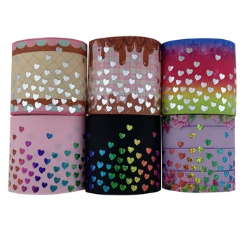 

Small peach heart rainbow silver hologram grosgrain ribbon 75mm for Head bows DIY decoration ribbon accept custom