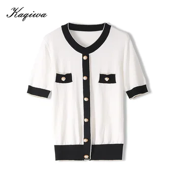 

2020 summer fashion slim short sleeve pearl button round neck color contrast ice silk T-Shirt Top Female korean harajuku B-125