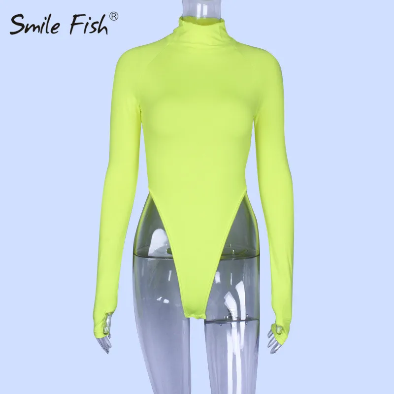 Neon Green Водолазка, обтягивающее боди, базовые Топы с высоким вырезом спереди, стринги, боди, неоновый зеленый цвет, женское сексуальное боди, однотонный флуоресцентный Клубная одежда M0288 - Цвет: Neon Green