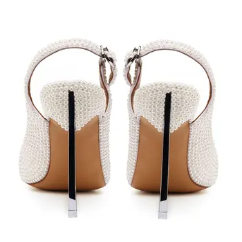

Womens Genuine Leather White Hand Inlaid Pearl Peep Toe Stiletto High Heel Sling Back Wedding Dress Party Stage Sandals Pumps