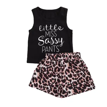 

Infant Baby Girls Clothes Set Letter Print Sleeveless Black Vest Tops+Leopard Shorts 2pcs Clothes 1-5Years