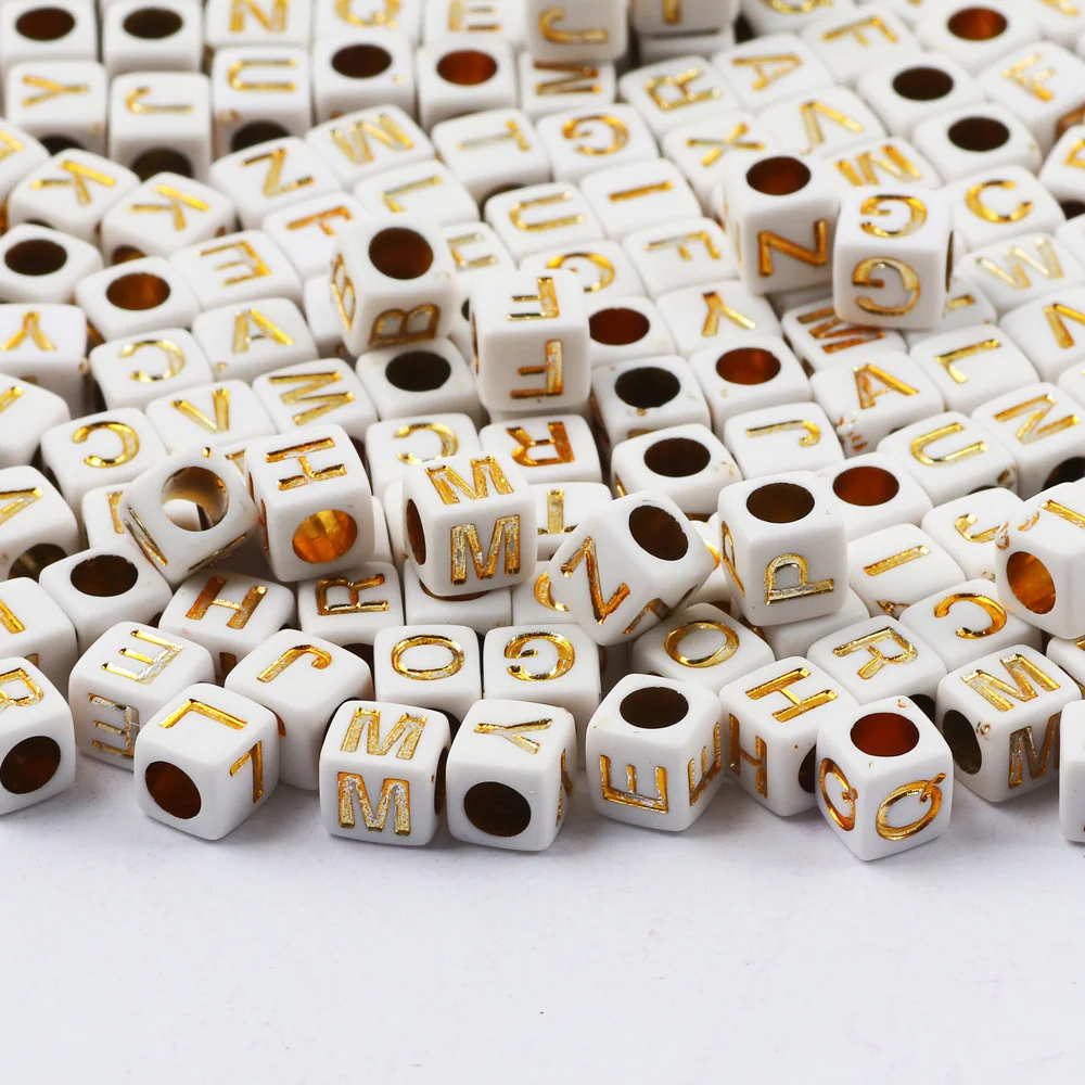 100pcs White Cube Acrylic Alphabet Bead Loose Spacer Gold Plated