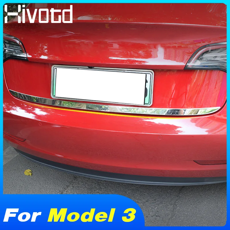 

Hivotd For Tesla model 3 Car Trunk Tail Door Trim Strip Stainless Steel Protection Sticker Cover Exterior Accessories 2018 2019