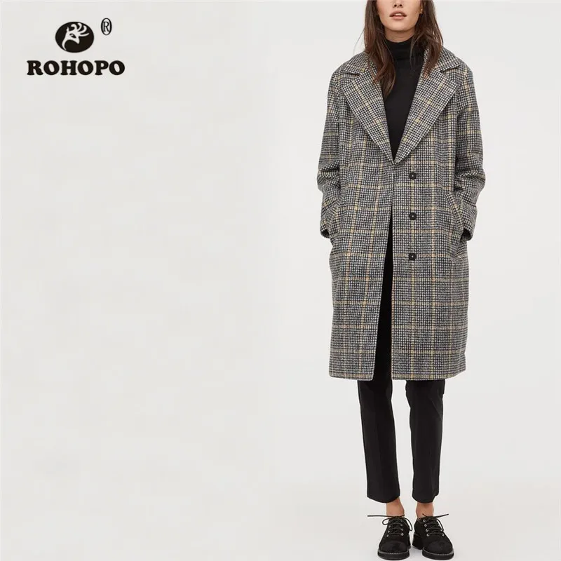 

ROHOPO Notched Collar Covered Buttons Thin Striped Plaid Blend Coat Welt Pockets Knee Length Ladies Straight Overcoat #9299