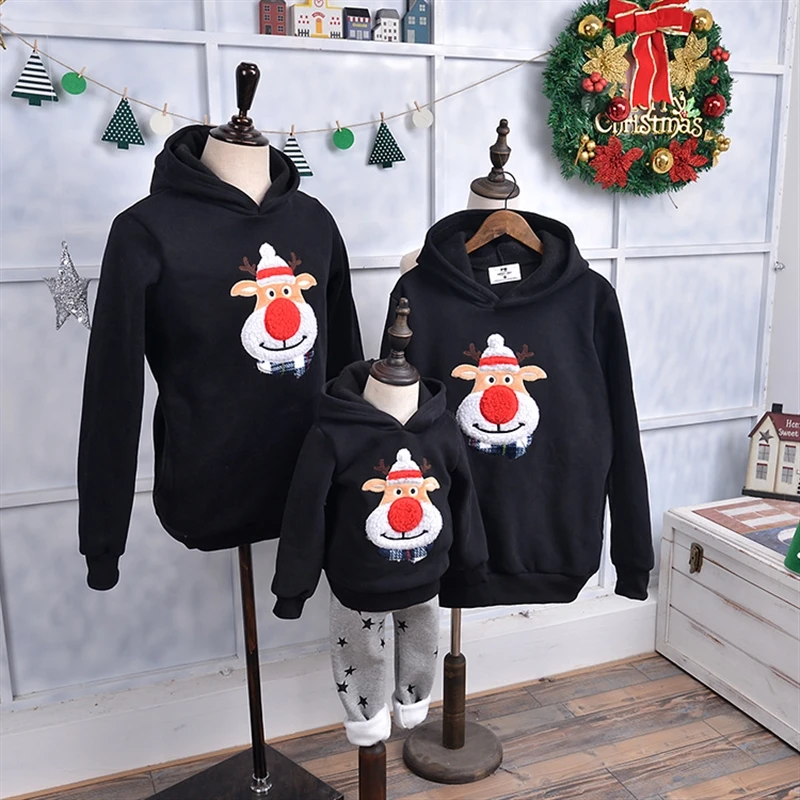 Рождественские одинаковые бархатные свитера; одежда с капюшоном с изображением Красного оленя; одежда с вышивкой Санта-Клауса и лося для взрослых и детей; свитшоты для всей семьи