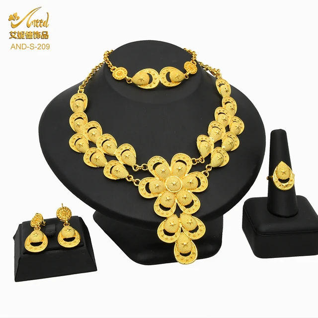Indian Jewelry Set Wedding 24k Gold Color African Jewelry Dubai Bridal Sets Nigerian Necklace Bracelet Earring Gold Jewellery S-209-Gold