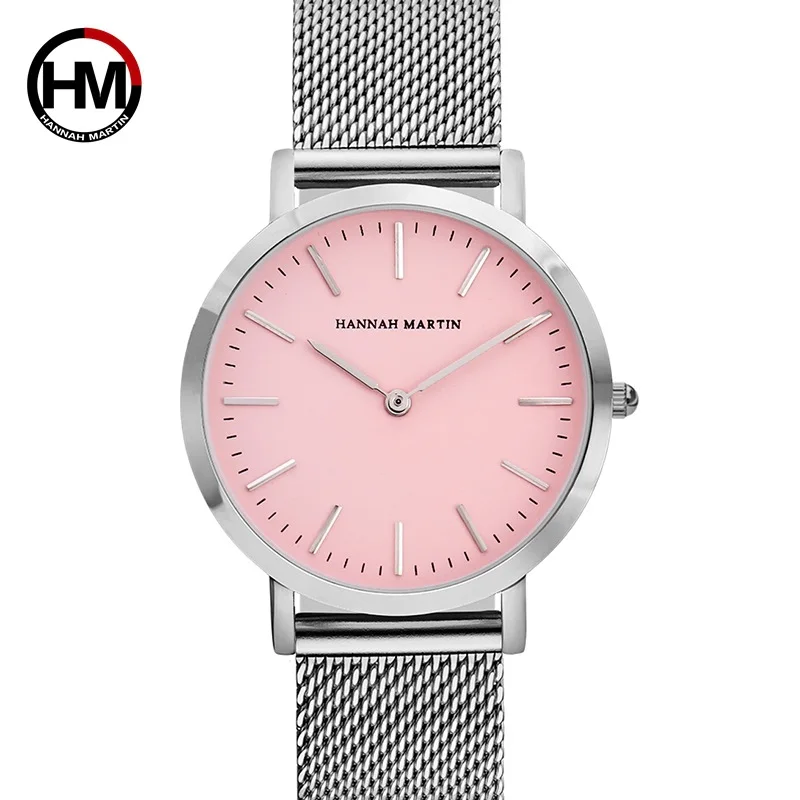 

2019 HM Quartz Wrist Dress Women Watches Silver strap Ladies Watch Stainless Steel Clock Pink dial Casual Waterproof Watch Women