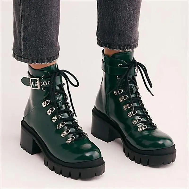 Najtaniej DAHOOD damskie buty motocyklowe skóra ekologiczna na jesień okrągłe Toe zasznurowane buty bojowe dziewczęce czółenka damskie biurowe formalne buty śnieżne