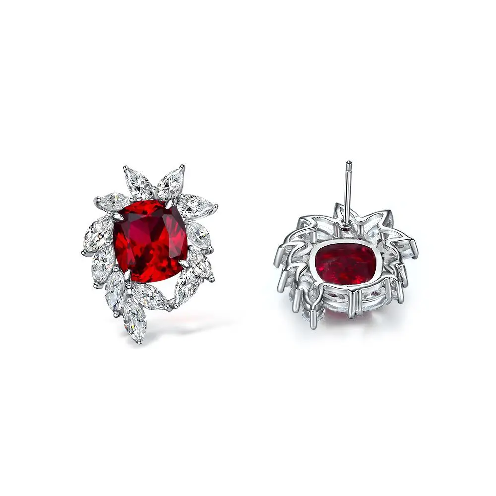 

100% 925 Sterling Silver 10*11mm Ruby Sapphire Stud Earrings For Women Sparkling Created Moissanite Diamond Wedding Fine Jewelry