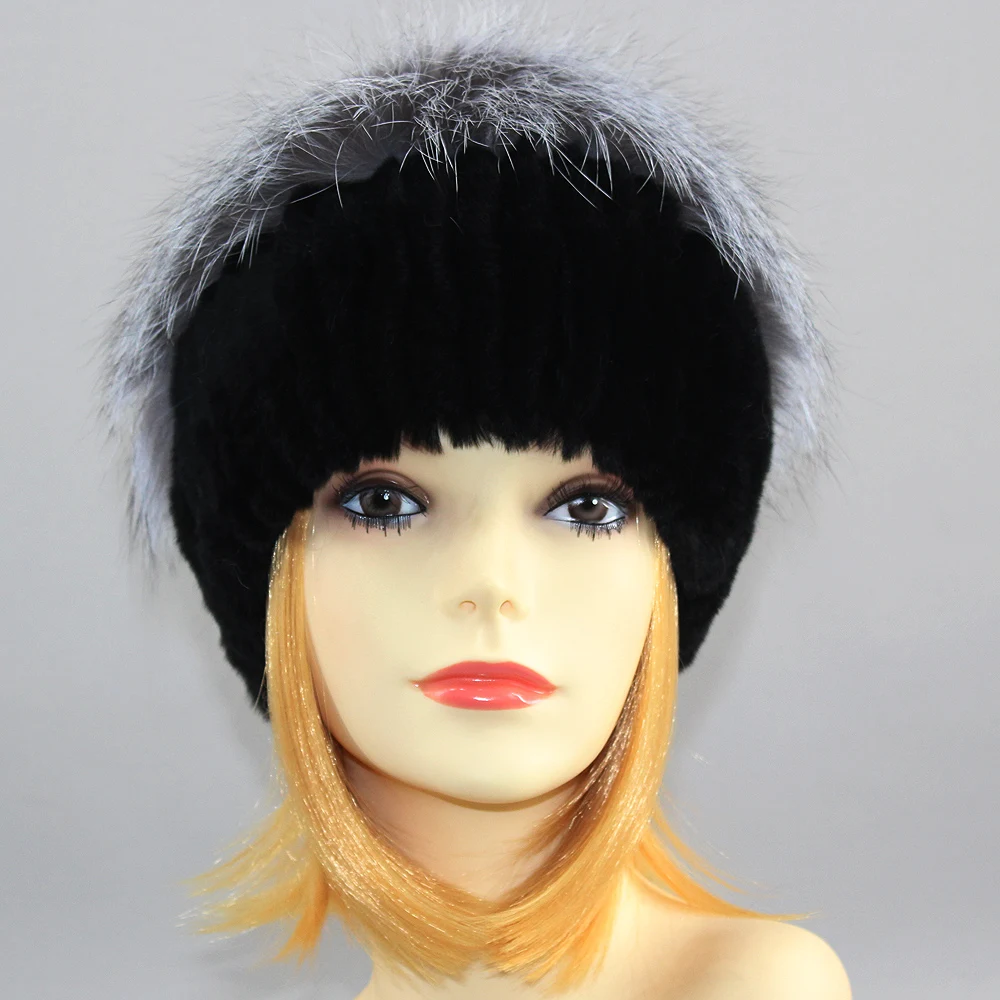 Hot Sell Winter Lady Beanie Hat Women Real Rex Rabbit Fur Hats Knitting Thicken Fur Hat Female Luxury Fox Fur Cap Beanies