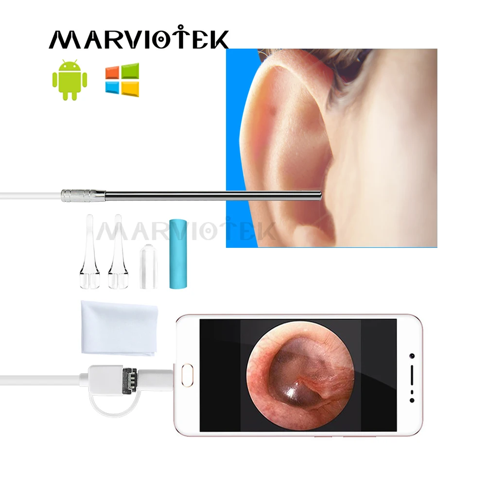 Endoscopio de oído 3 en 1, herramienta de limpieza del oído HD, cuchara Visual, orejera multifuncional, 5,5mm, minicámara HD, Android, PC, otoscopio de oreja