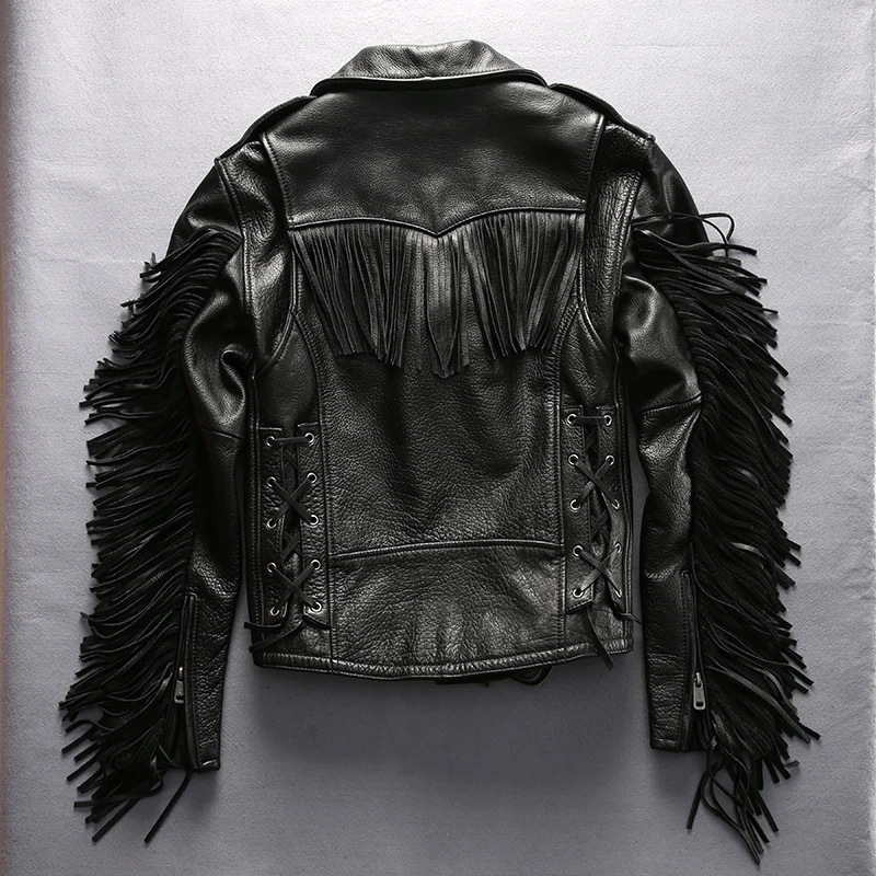 Фабричная Новинка, Мужская модная мотоциклетная кожаная куртка с кисточками и большими отворотами, толстая воловья кожа, тонкая куртка-бомбер