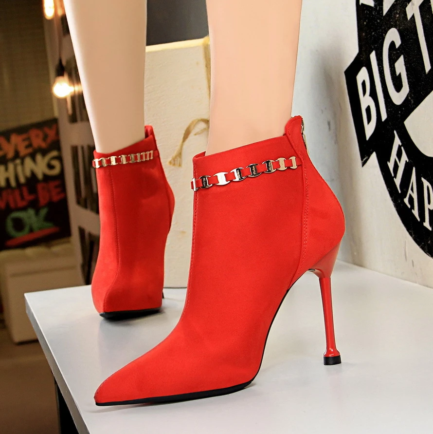 con de Metal para mujer, botines de boda rojos con punta aterciopelada y cremallera, zapatos sexys de fiesta, 2021|Botas hasta el tobillo| -