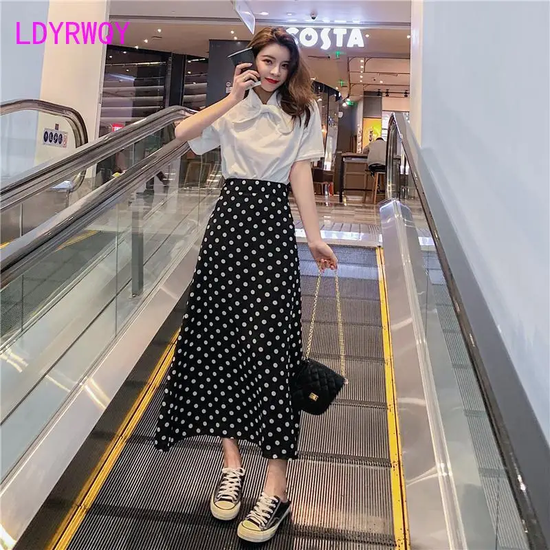 LDYRWQY Spring 2020 new high waist polka dot skirt Knee-Length  Polyester  Chiffon  Casual  Dot Casual