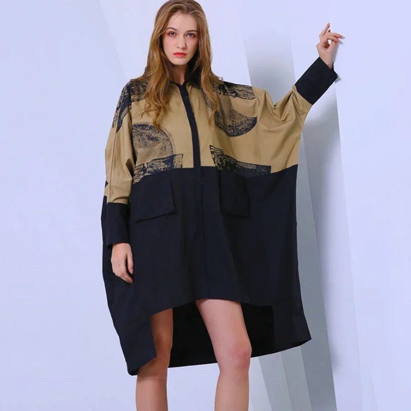 

LANMREM Khaki Bat Long Sleeve Contrast Color Stitching Irregular Print Plus Woman Shirt Casual Fashion 2019 Autumn New TD036