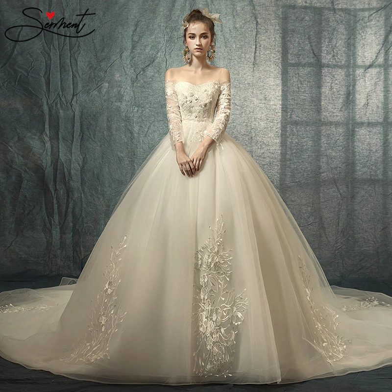 

SERMENT Simple Lace Sleeve Wedding Dress Off The Shoulder Suitable for Pregnant Women 100cm Tail Spring Summer Autumn Wedding